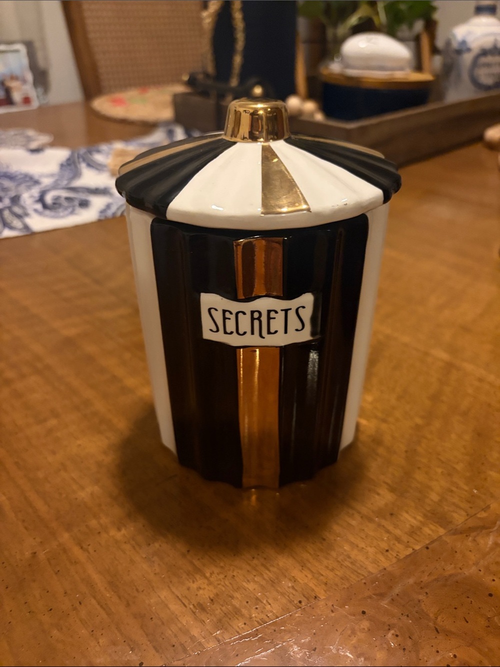 Ashland “Secrets” Ceramic circus theme Canister in Black, White & Gold